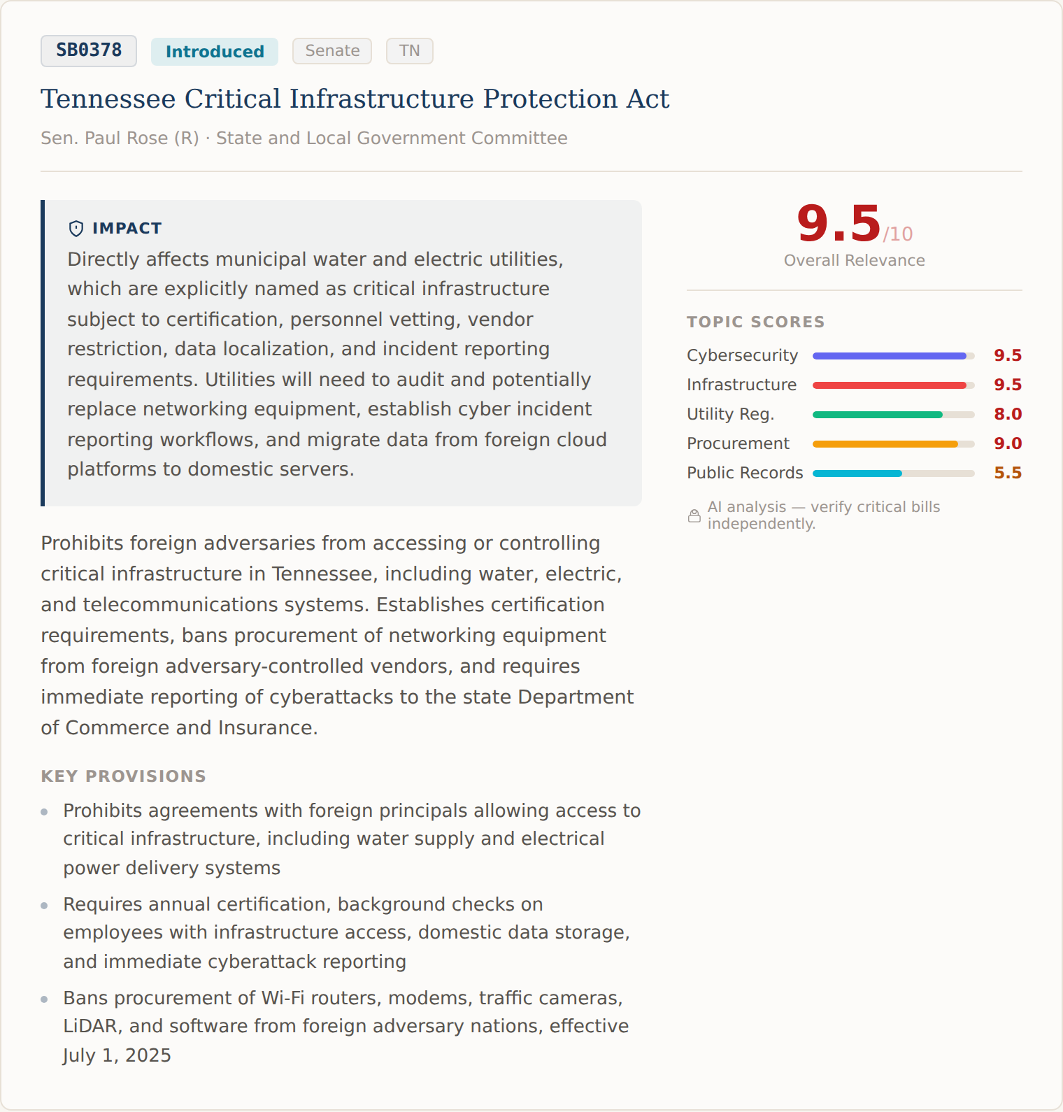 Bill analysis view showing relevance scores, impact assessment, and legislative history